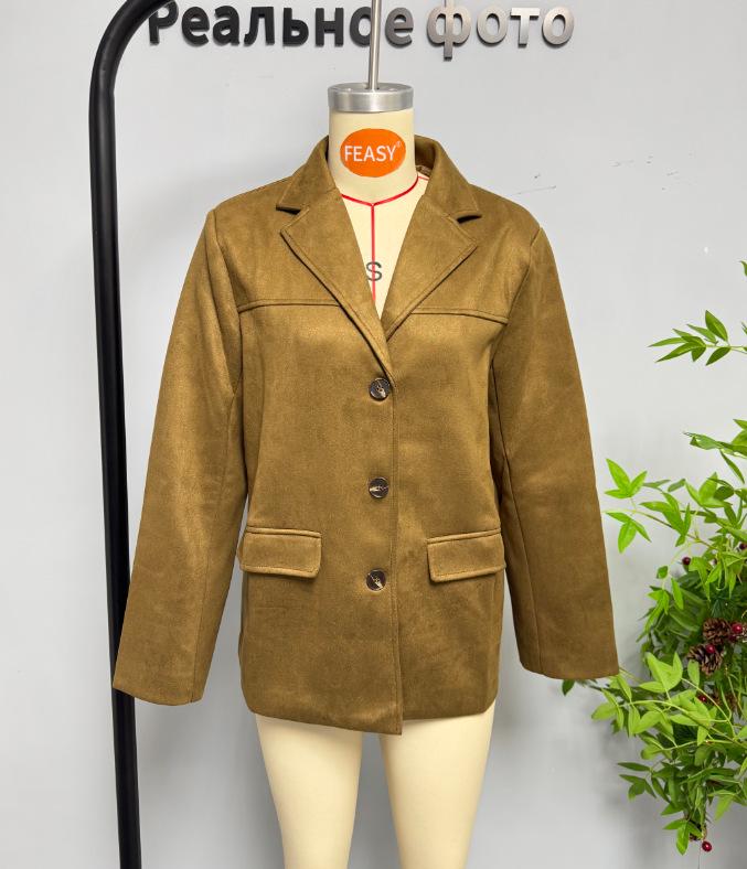 Retro Bruine Losse Zak Lange Mouw Damespak Jasje - Europese & Amerikaanse Stijl