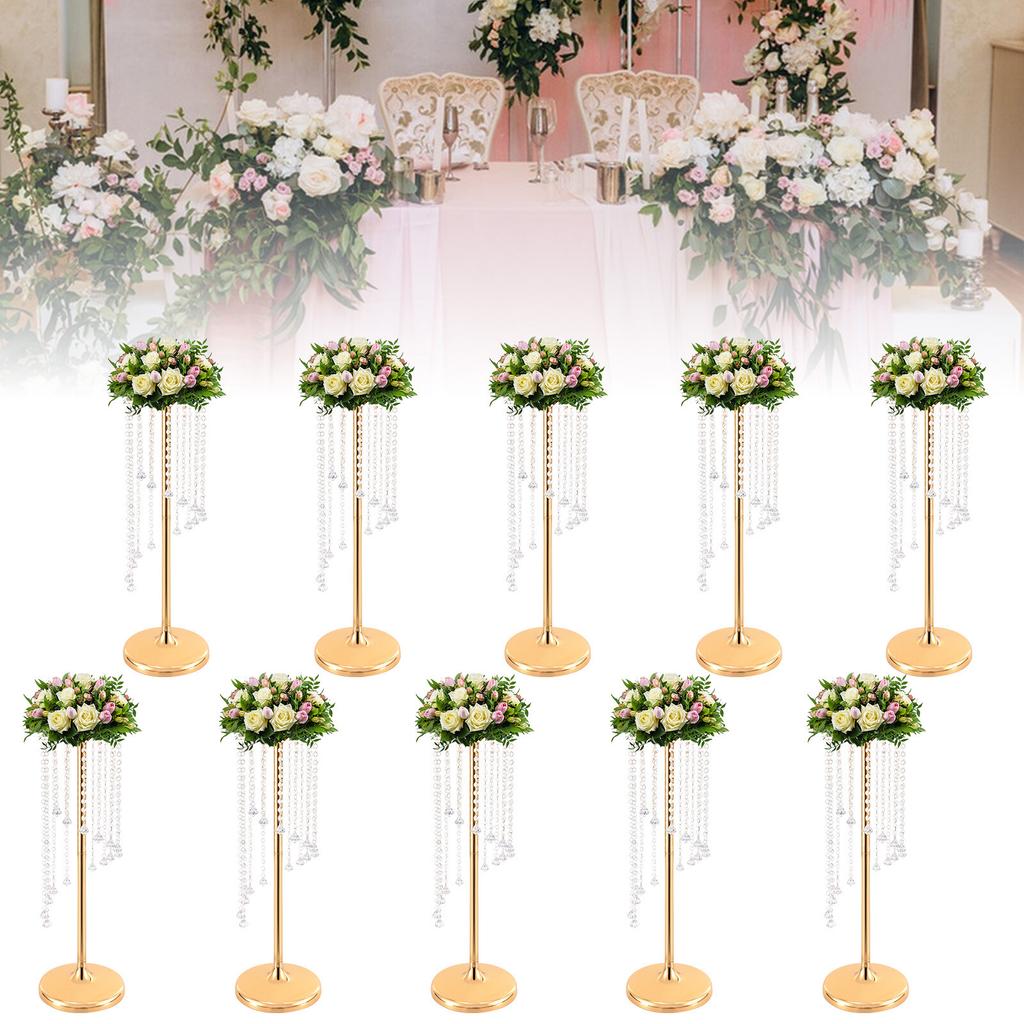 10 Pcs 27.5inch Tall Crystal Look Flower Stands, Elegant Gold Metal Table Centerpieces for Weddings & Party Decor, Bulk Vase Set