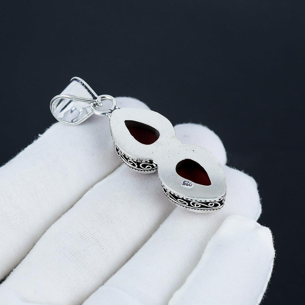 Natural Red Coral Gemstone Silver Pendant In 925 Sterling Silver - Handmade Pear Design, Everyday Wear Jewelry Birthday Gift