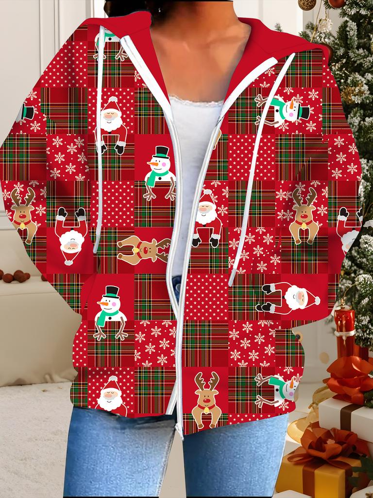 Christmas 3D Printed Hooded Cardigan Plus Size Autumn Winter Retro