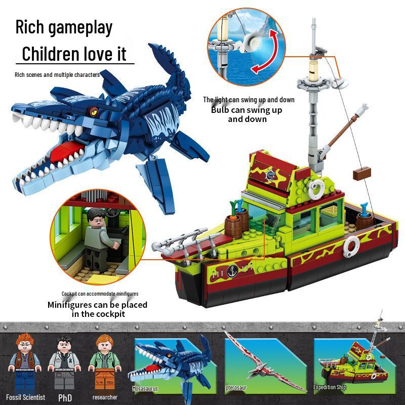 Children's Educational Dinosaur Escape Ship Toy - Carcharodontosaurus Building Blocks Gift for Boys