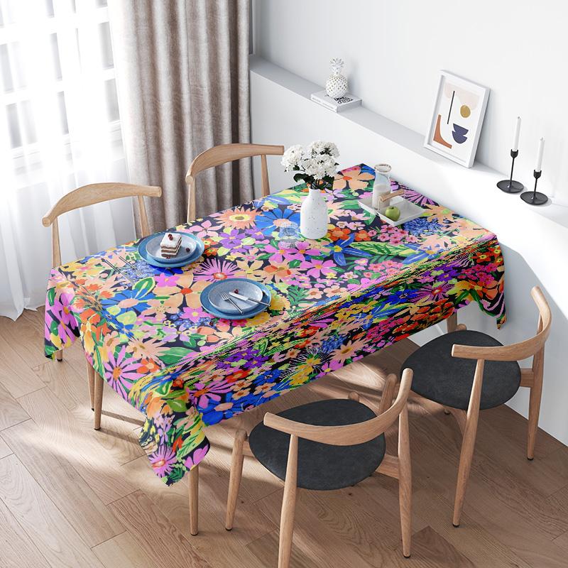 Bright Floral Tablecloth Multicolored Printed Linen Table Cover Decor for Kitchen Dining Room Party Decoration (Wooden Table Set