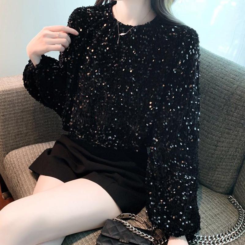 Women's Fashion Elegant Sequins T-shirts Autumn Winter Casual O-Neck Black Loose Pullover Long Sleeve Tops