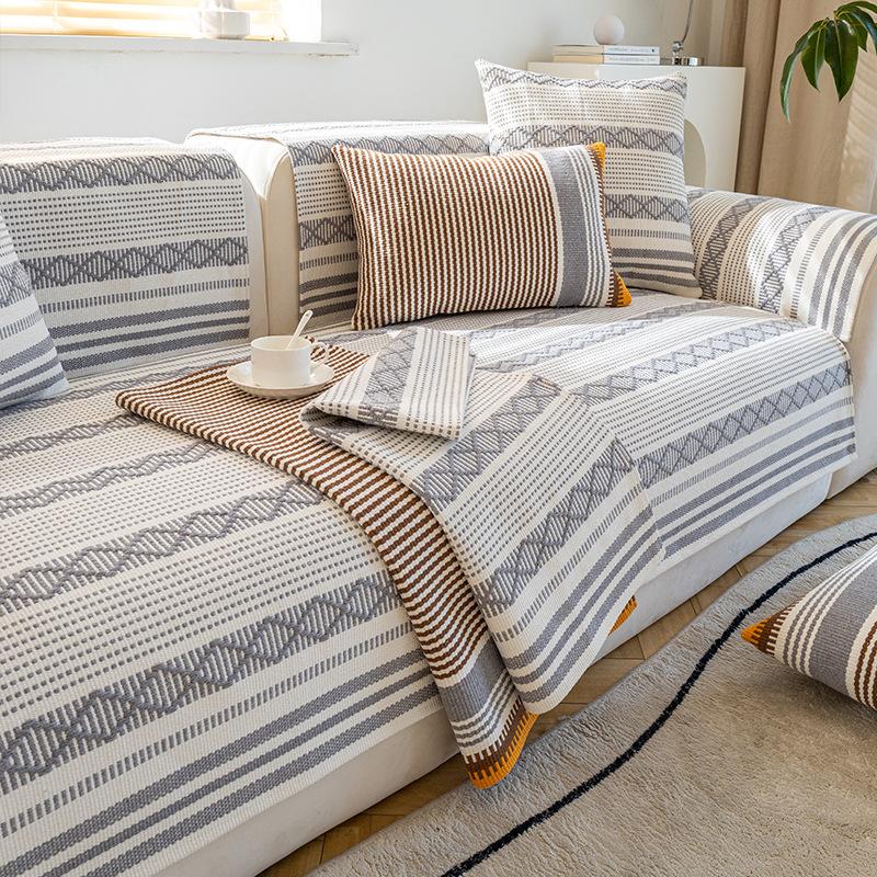 Baumwoll- und Leinen Sofakissen Vier Jahreszeiten Universal Leder Rutschfest High-End Einstieg Luxus Sofabezug Nordisch Schlicht Kissenbezug Handtuch