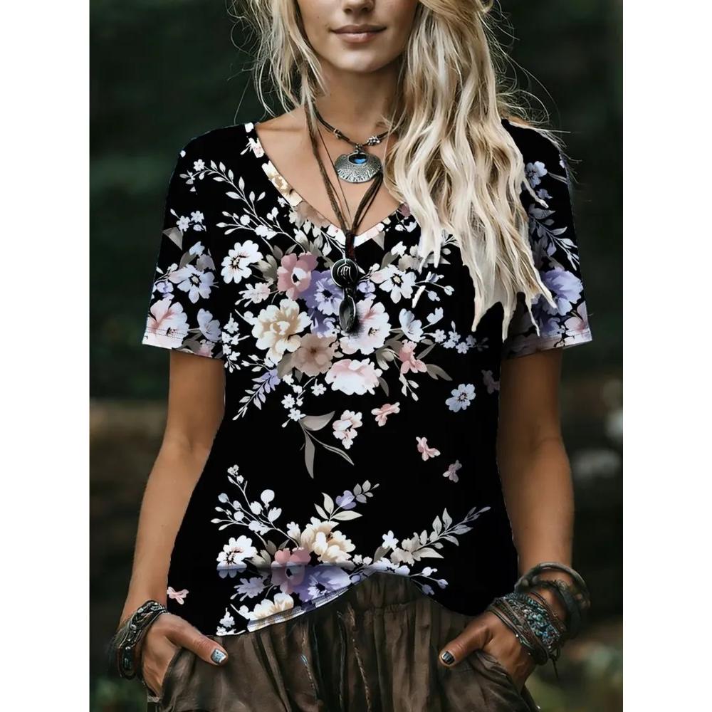 Fashion Versatile Flower Printed V-Neck Top Women's Short Sleeve Casual Comfortable T-Shirts Women’s
