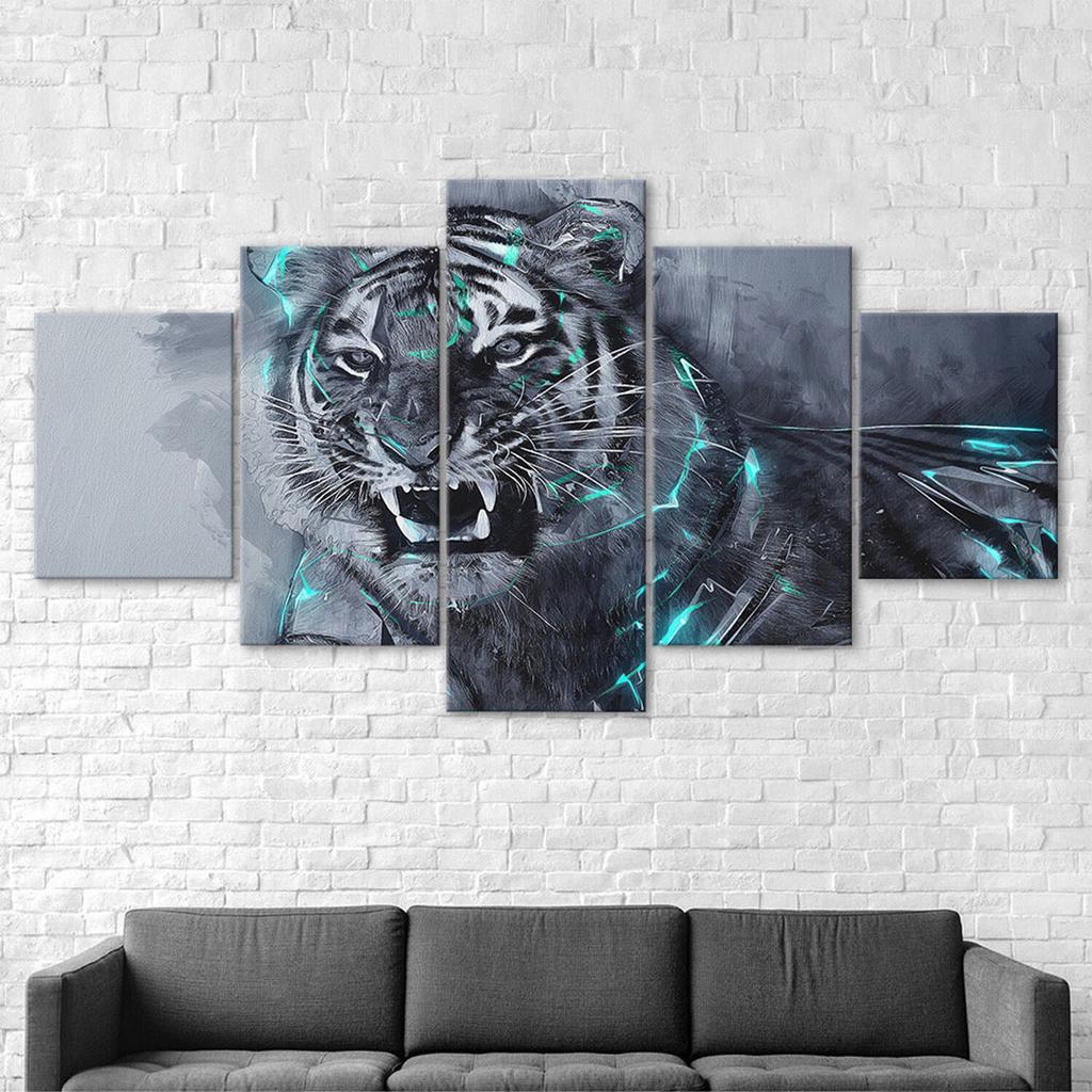 Brüllender Weißer Tiger Tierische Abstrakte Szene 5-teilig Fünf-Panel Wandleinwand Druck Modernes Kunstposter Bild Heimdeko Geschenk Für Ihn Für Sie