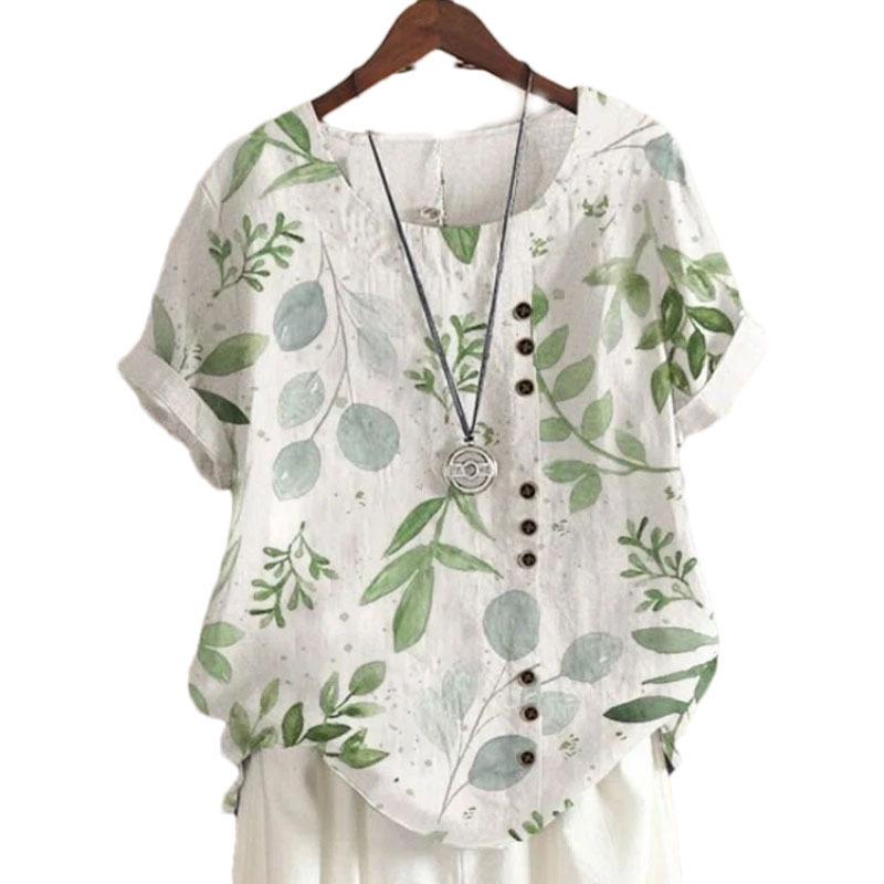 Women's 2026 Summer Retro Faux Cotton Linen Print Loose Casual Short Sleeve T-Shirt