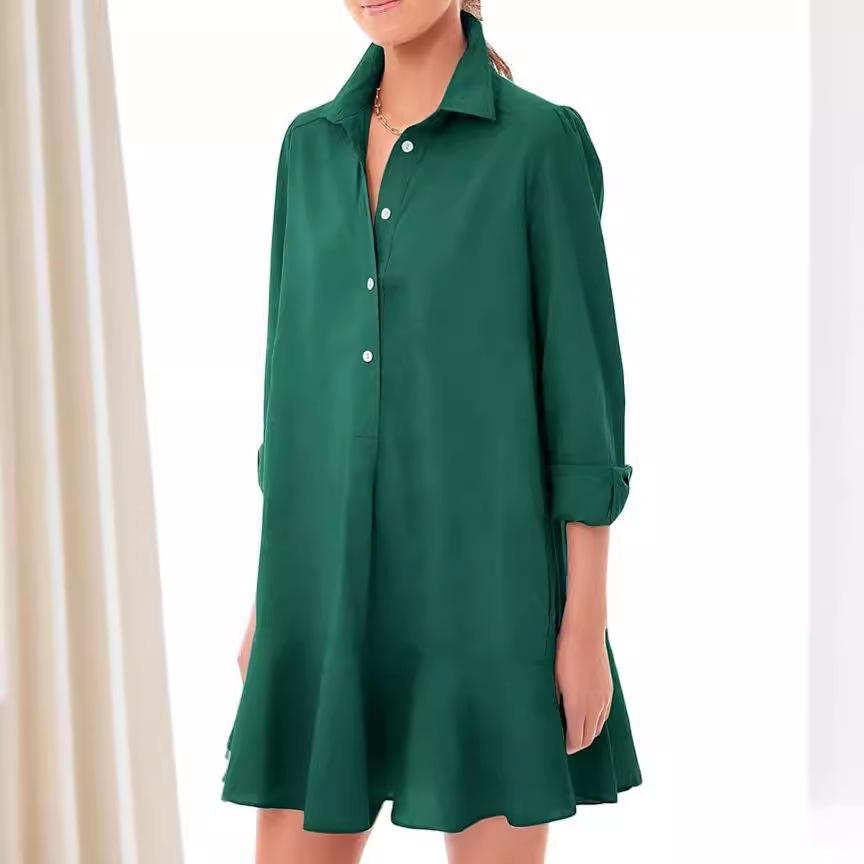 Frühling Sommer Damen Langarm Saum Rüschen Kleider