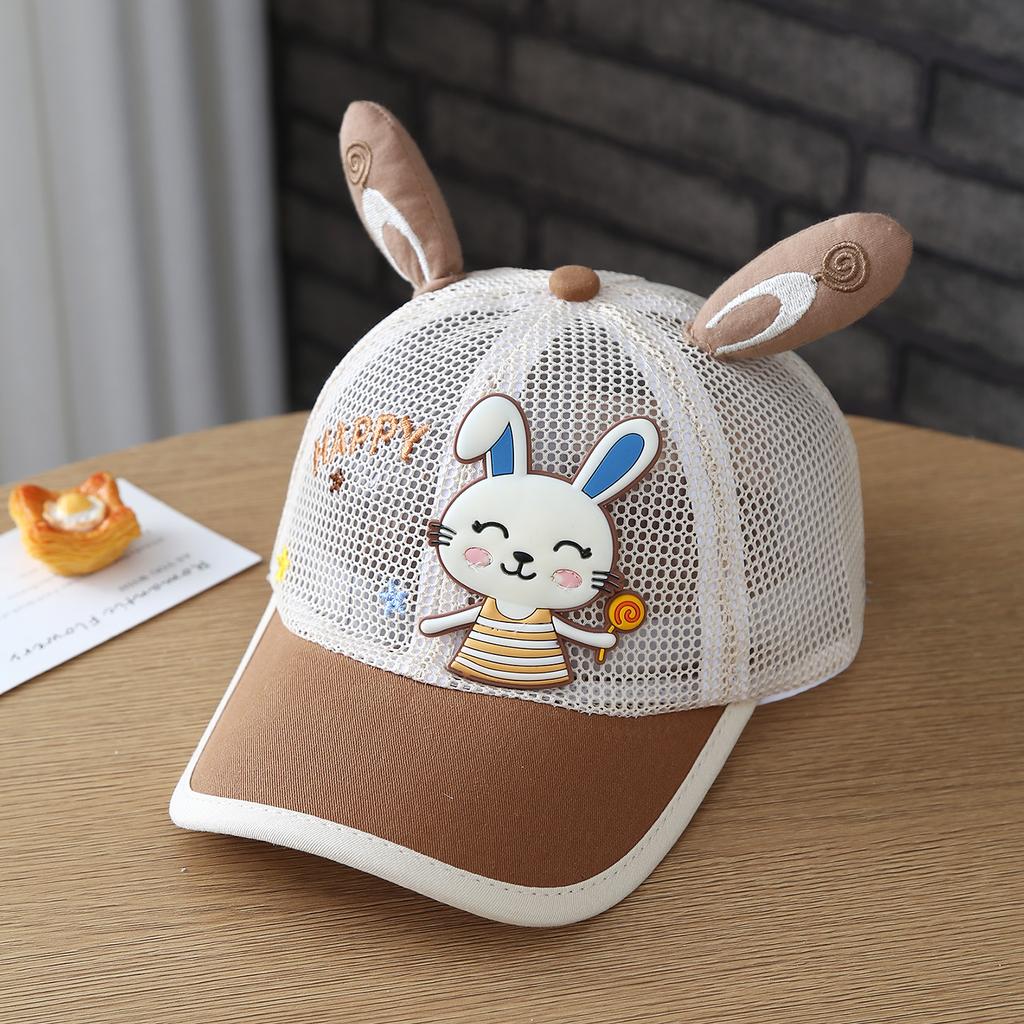 Baby Hat with Cartoon Candy Rabbit Ears-Shaped Embroidery. Five-Star Breathable Baseball Cap Made of All-Net Fabric with a Brim.