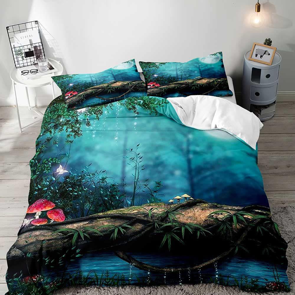Red Mushroom Three-piece Quilt Cover 3D Digital Printing Bedding Set Green Plant Plant Fungus Bed Cover