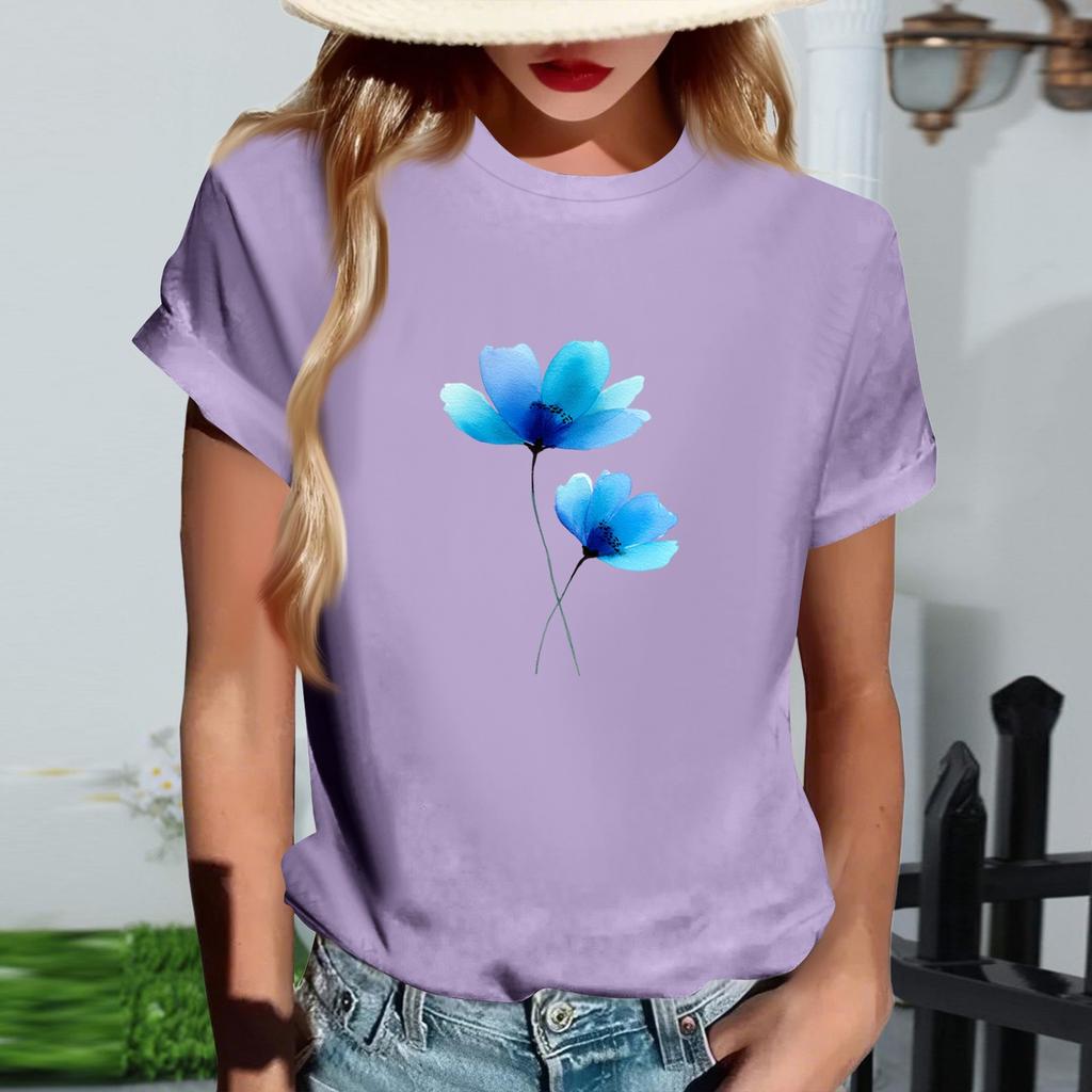 Damen Modisches Rundhals Casual Retro Print Kurzarm T-Shirt Top