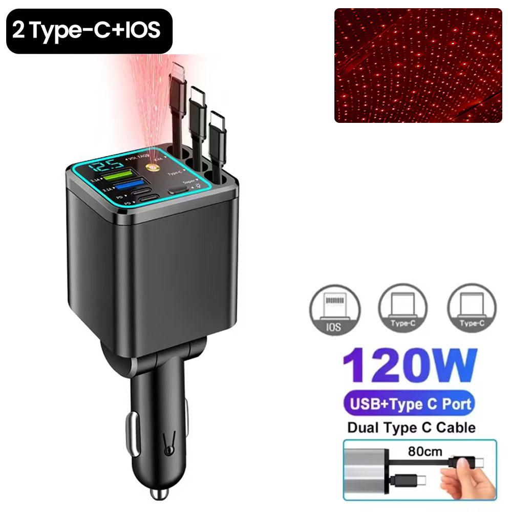 7-IN-1 Car Charger Retractable Type C Cable Fast Charge Cigarette Lighter Adapter Type C USB Charger For IPhone Huawei Samsung