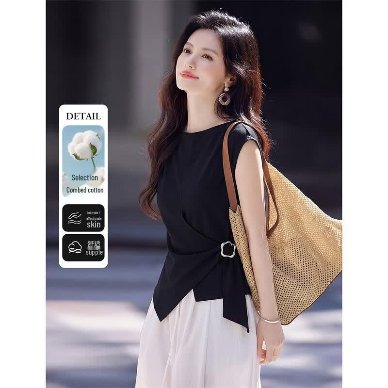 Elegant Pleated Sleeveless T-Shirt M