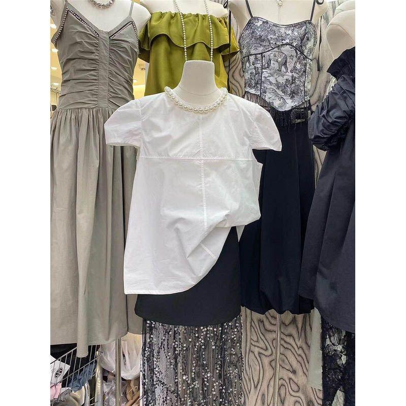 Womens Puff Sleeve Crew Neck Solid Color Casual Blousewomens puff sleeve blouse S белый