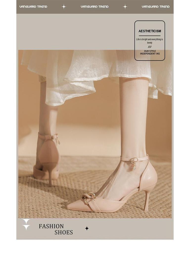 Zyp-LQ Women's Stiletto Pointed Toe Heels, Microfiber Leather, Chain Buckle, Sizes 31-44