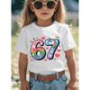 European Size Girls Round-neck Short-sleeved T-shirt with Colorful Creative Number 67 Pattern Print