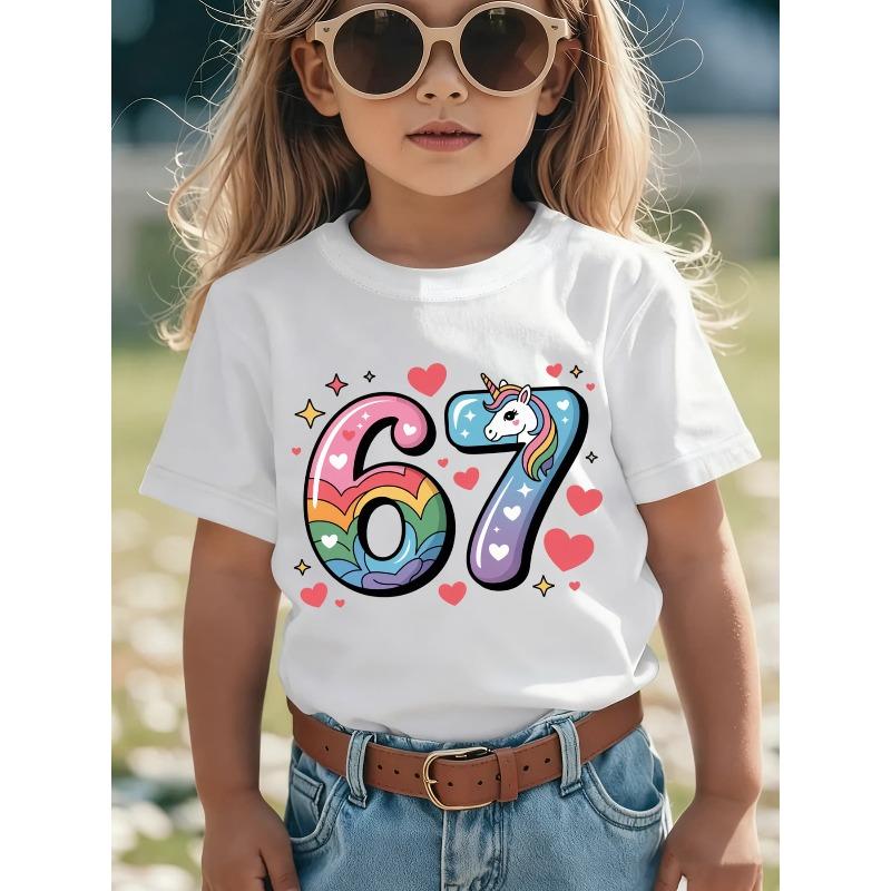 European Size Girls Round-neck Short-sleeved T-shirt with Colorful Creative Number 67 Pattern Print