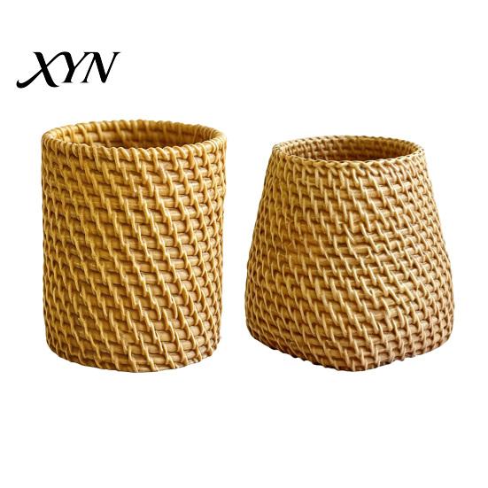 Makeup Brush Holder Faux Rattan Pen Holder, Woven Style Boho Pencil Storage Box Desktop Organizer, Multi-functional Resin Cup for Home Office