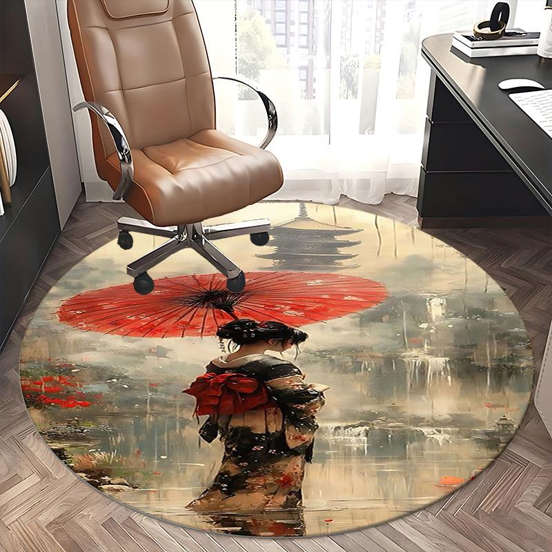 Traditional Japanese Kimono Chair mat Round Rug-Office carpet, Machine Washable, Non-slip, Suitable for Living Rooms, Bedrooms