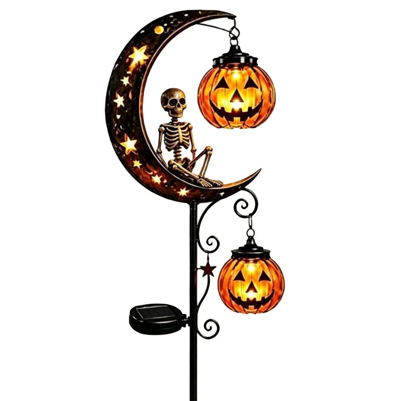 Solar Halloween Moon Black Cat Light Metal Crescent Moon Pumpkin Lantern Ground Lamp Outdoor Pathway Garden Yard Lawn