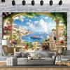 1 2D Chic Italian Garden Terrace and Mediterranean Bay Landscape Banner - Multiple Sizes To Choose from