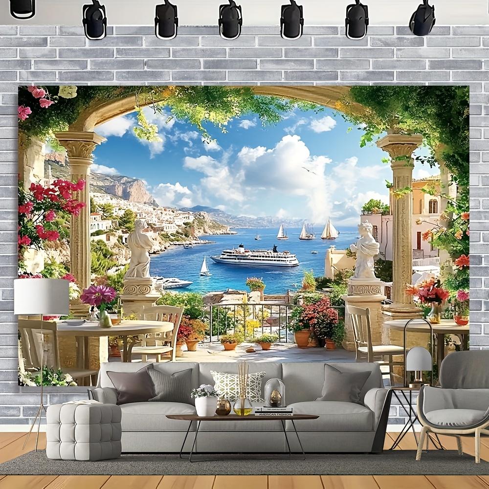 1 2D Chic Italian Garden Terrace and Mediterranean Bay Landscape Banner - Multiple Sizes To Choose from