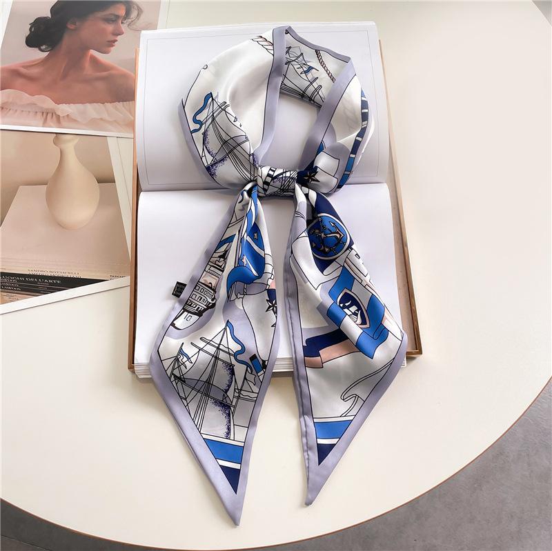 Fashion Double-layer Simulated Silk Women's Headscarf, Spring and Autumn Thin Streamer Bevel Scarf Temperament Small Silk Scarf Decorative Scarf Thin