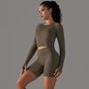 Seamless Long Sleeved Round Neck T-Shirt Sports Suit, High Waist And Hip Lifting Tight Shorts, Fitness Yoga Two-Piece Set For Women