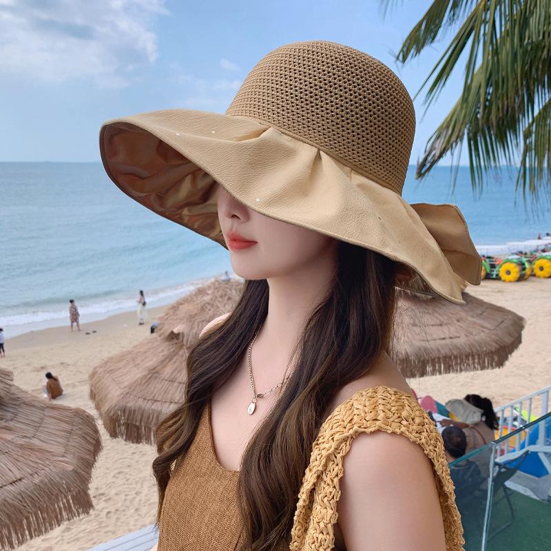Hat Female Travel Color Glue Bucket Hat Mesh Bow Sun Hat New Sun Hat Tide