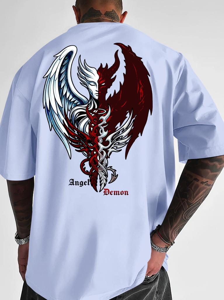 Unisexs Streetwear Tshirt Angel Demon Half Face Graphic Print Crew Neck Short Sleeve Polyester Tops With Angel Demon Text Sxxl