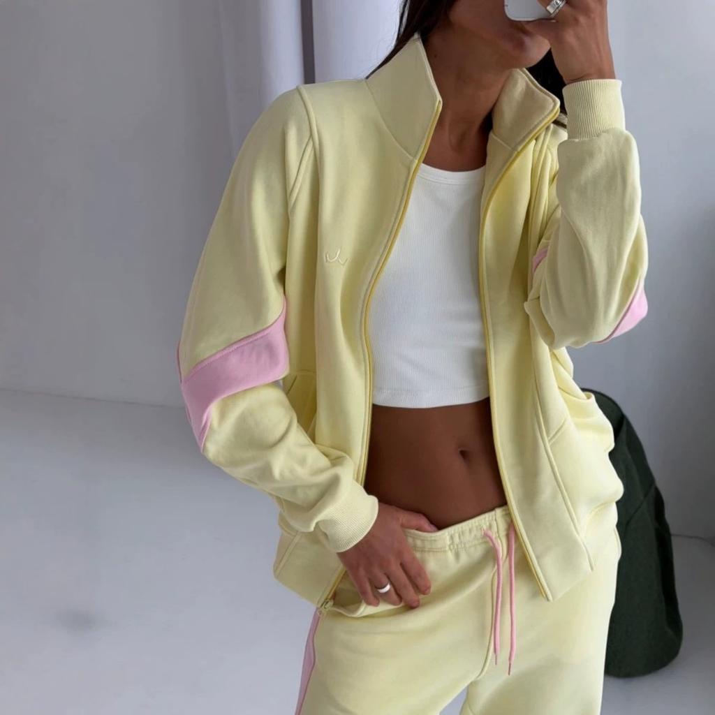 Contrast color splicing casual sweater women's stand-up collar zipper jacket side strip drawstring sweatpants two-piece set