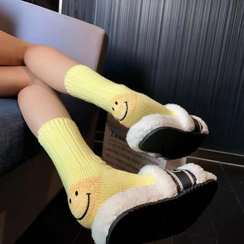 Hirata And Hiroshi Wool Thick Needle Smiley Face Heel Thick Workwear Color-Blocking Striped Mid-Leg Socks Trendy Socks
