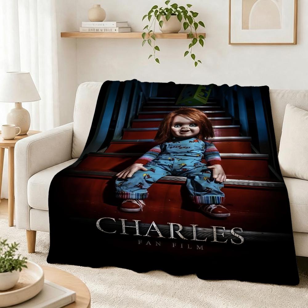 Good Guys Classic Horror Doll Pattern Theme Flannel Blanket Warm Comfortable Fleece Blanket For Office Sofa Party Decor Halloween Gift