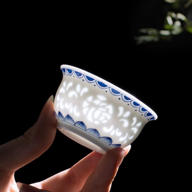 

Hand drawn blue and white exquisite tea cup hollowed out ceramic Kung Fu single cup tea set teacup 40ML