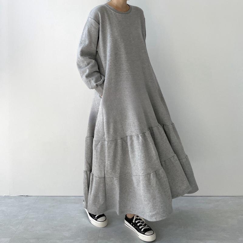 Spring Summer Sweatshirt Dress Women Ruffle Hem Loose Midi Dress Lantern Sleeve Knee Length