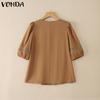 VONDA Elegant Women Square Collar Puff Sleeve Crochet Patchwork Casual Blouse
