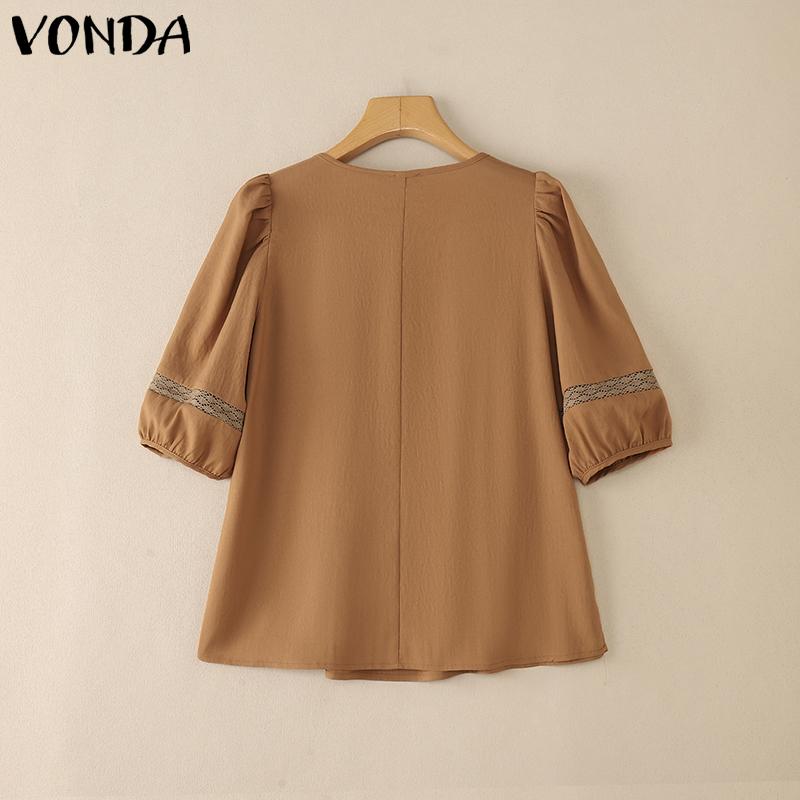 VONDA Elegant Women Square Collar Puff Sleeve Crochet Patchwork Casual Blouse