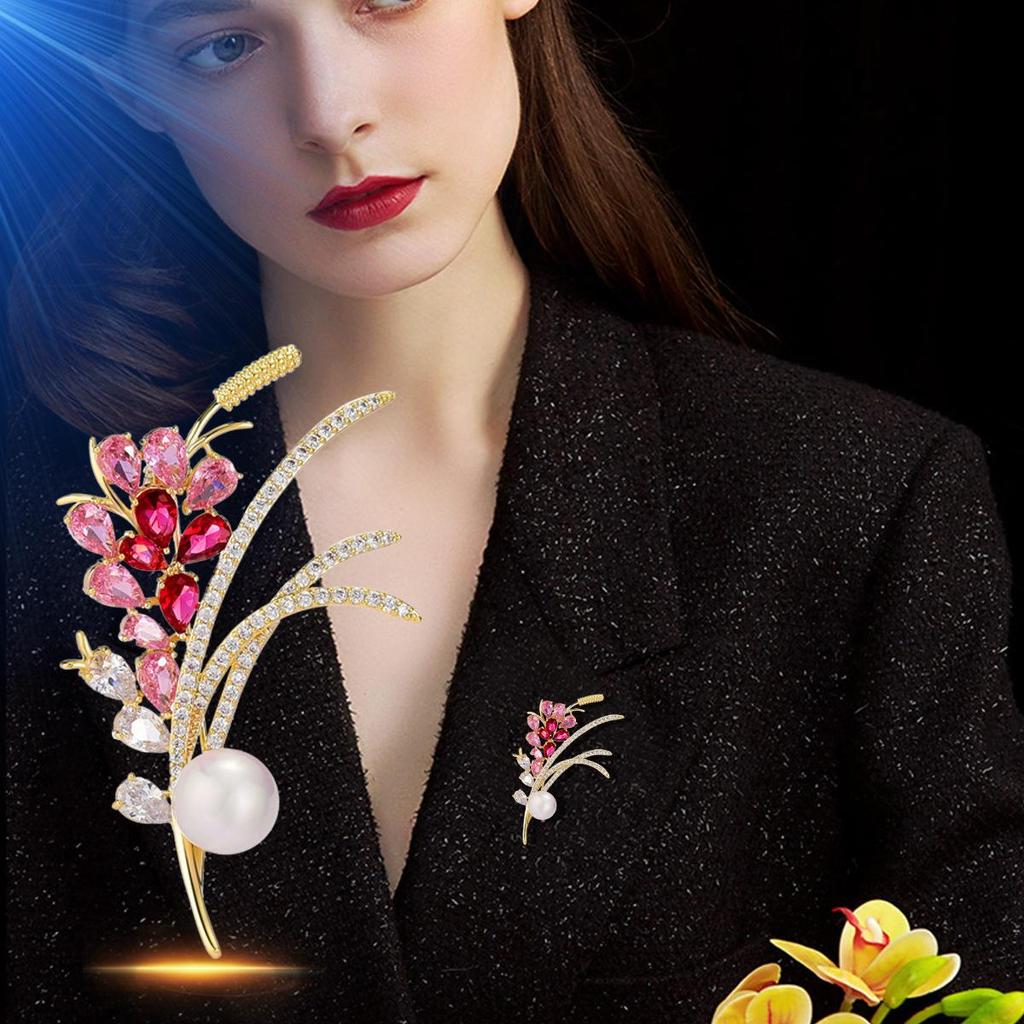 Korean Version Of The New Color Zircon Wheat Ear Brooch High-End Fashion Light Luxury Garnet Red Bouquet Corsage Suit Accessories
