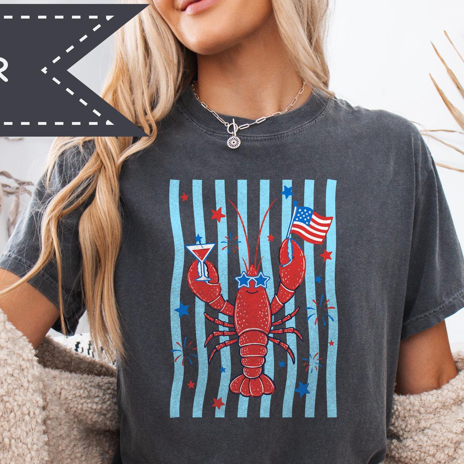 Patriotic Lobster Graphic Tee, USA Summer Freedom Shirt, American Patriotic Tee, Retro Beach Summer Top 3XL