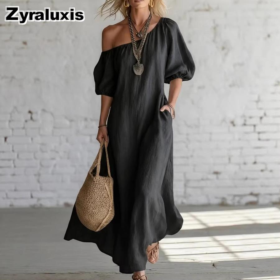 Summer Women s Clothing Pure Color Loose Shoulder Strap High-End Retro Long Sleeve Cotton Linen Dress S