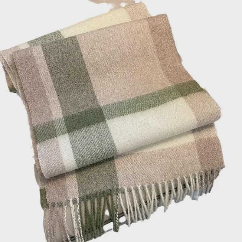 Women's Green Plaid Wool Scarf - Thick, Warm, Knitted Cashmere, All-Match Winter Accessory, Ideal New Year Gift