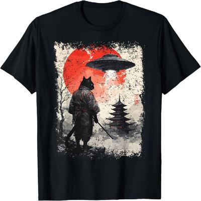 Samurai Ninja Cat Warrior Sumi-e UFO Ukiyo-e Sci Fi Japanese T-Shirt