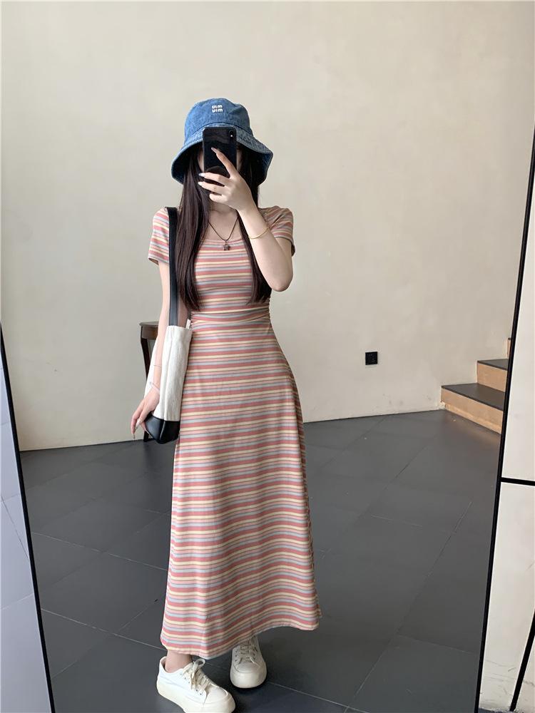 

Long slim-fitting summer sweet age-reducing rainbow skirt slim-fitting and thin temperament striped color dress women s hip skirt M