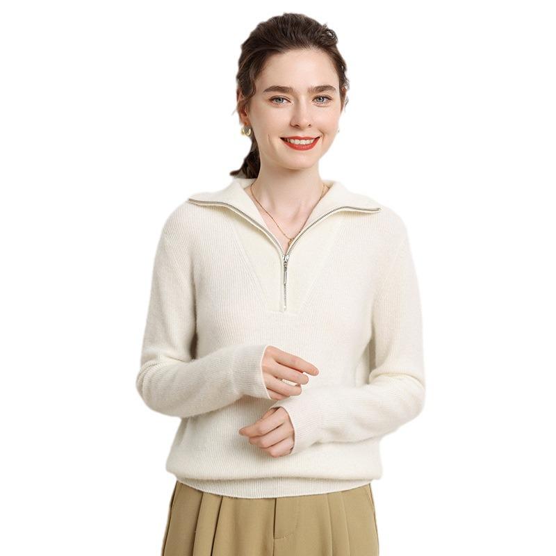 2024 Autumn/Winter Women's Cashmere Polo Collar Sweater with Yuanbao Stitch and Zipper - Long Sleeve, Warm, Versatile Knit.