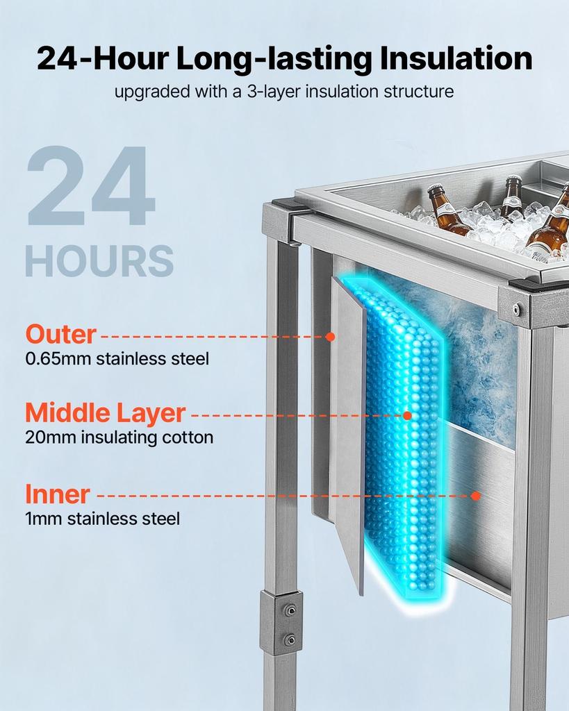 Chariot Glacière à Roulettes en Acier Inoxydable 42,4 L, Glacière Verticale d'Extérieur sur Roues, Couvercle Coulissant, Étagère, pour Terrasse Jardin