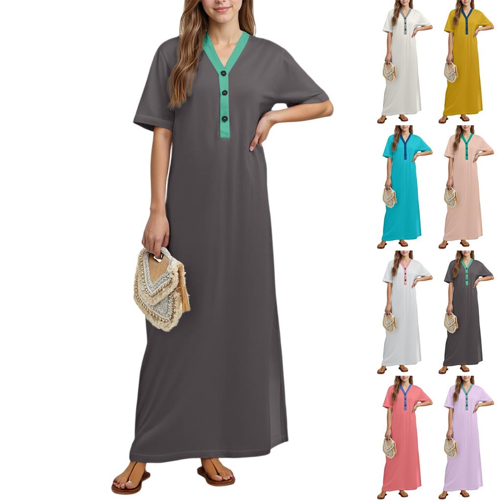 Women's Nightgown Home Clothes Short Sleeve Nightgown With Pockets Long Dress