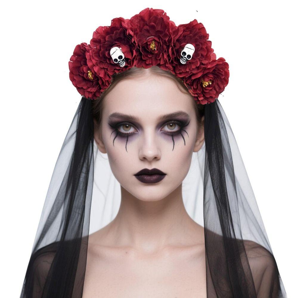 Langer Schleier mit Bändern Blumenschmuck Kopfschmuck Totenkopf-Design Gothic Kopfreifen Halloween Haarband Party Cosplay