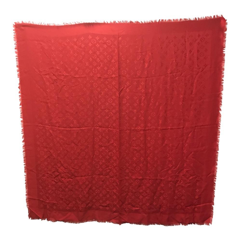 Louis Vuitton Monogram Large format Stole Fringe Scarf shawl wool / silk Red