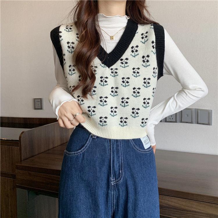 

Свитер женский, весна 2023, новый винтажный жаккардовый короткий жилет без рукавов с v-образным вырезом, топ с вязаным жилетом, женский топ One Size чёрный