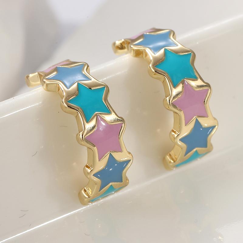 Exquisite Colored Star Pattern C-shape Golden Plated Stud Earrings for Women Vintage Daily Versatile Jewelry Accessories
